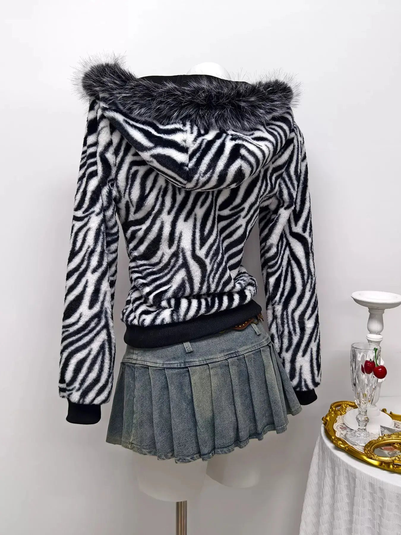 Zebra Faux Fur Hooded Zip-Up Outerwear Simply Love
