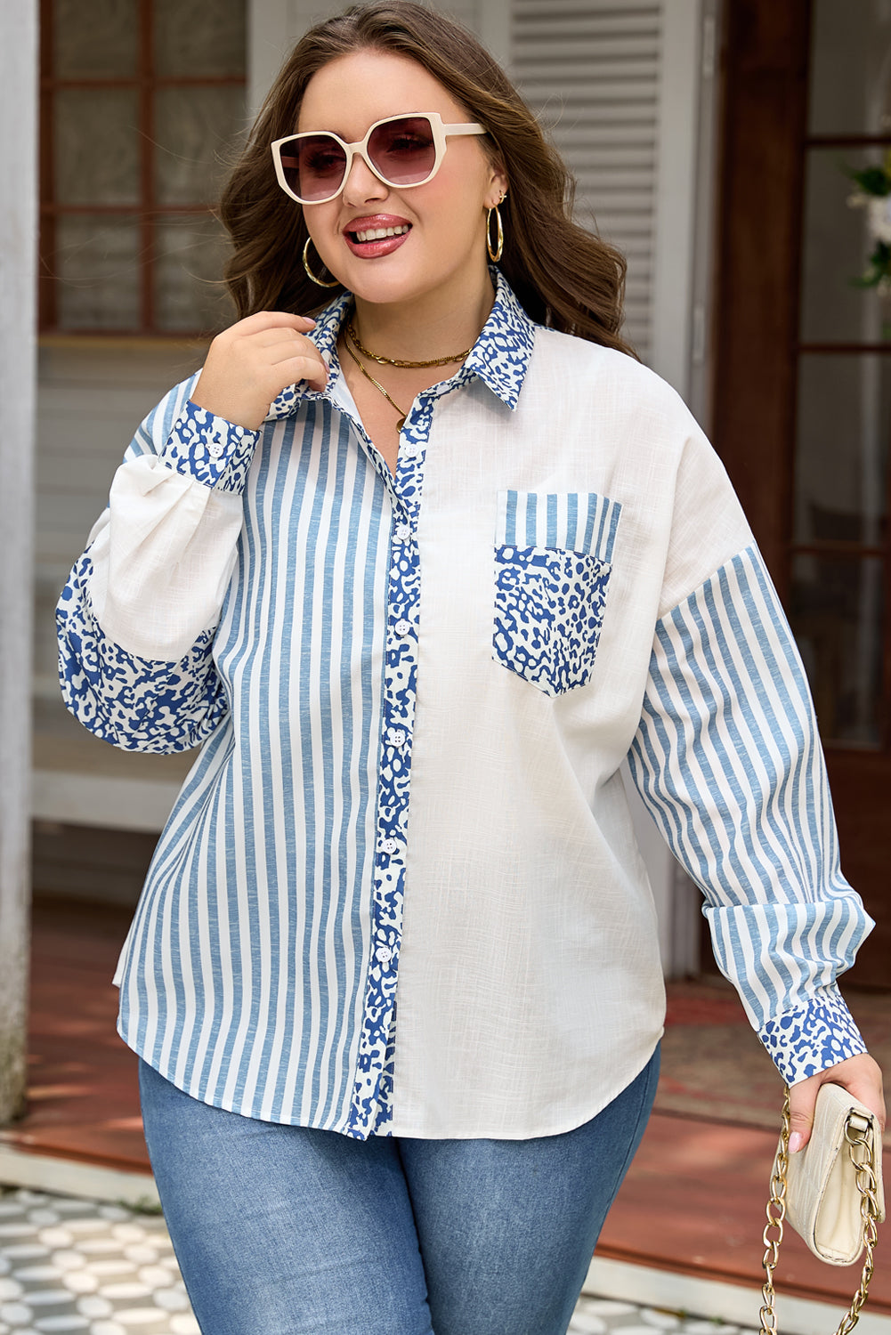 Sky Blue Leopard Patchwork Striped Casual Plus Shirt Dear-Lover Dropshipping