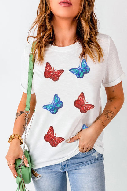 Sequin Butterfly Round Neck Short Sleeve T-Shirt.