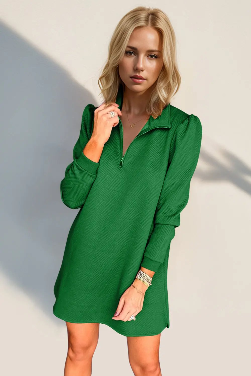 Double Take Textured Quarter Zip Long Sleeve Dress - Love Salve