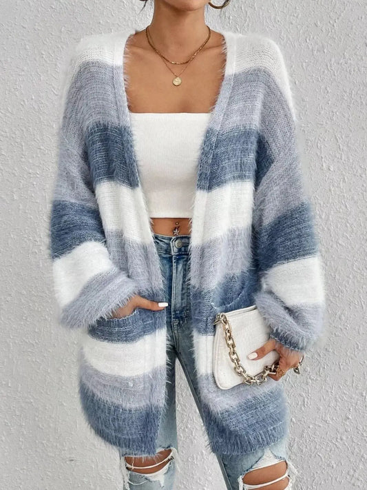 Striped Fuzzy Knit Open Front Cardigan Simply Love