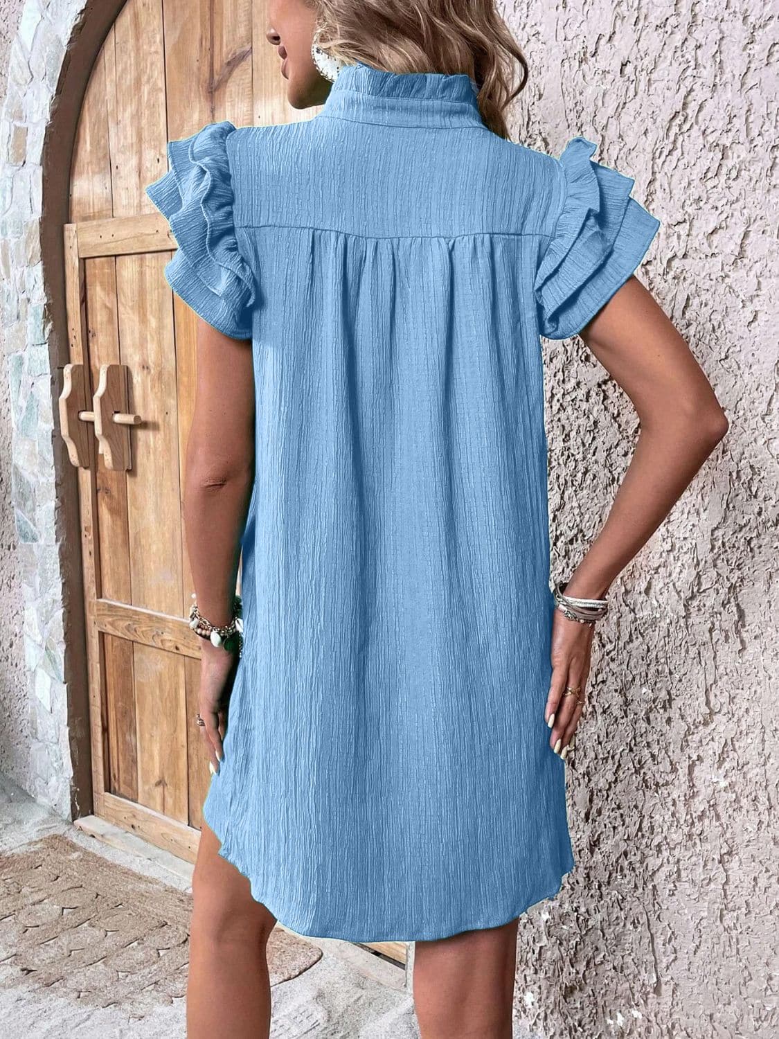 Ruffled Notched Cap Sleeve Mini Dress.