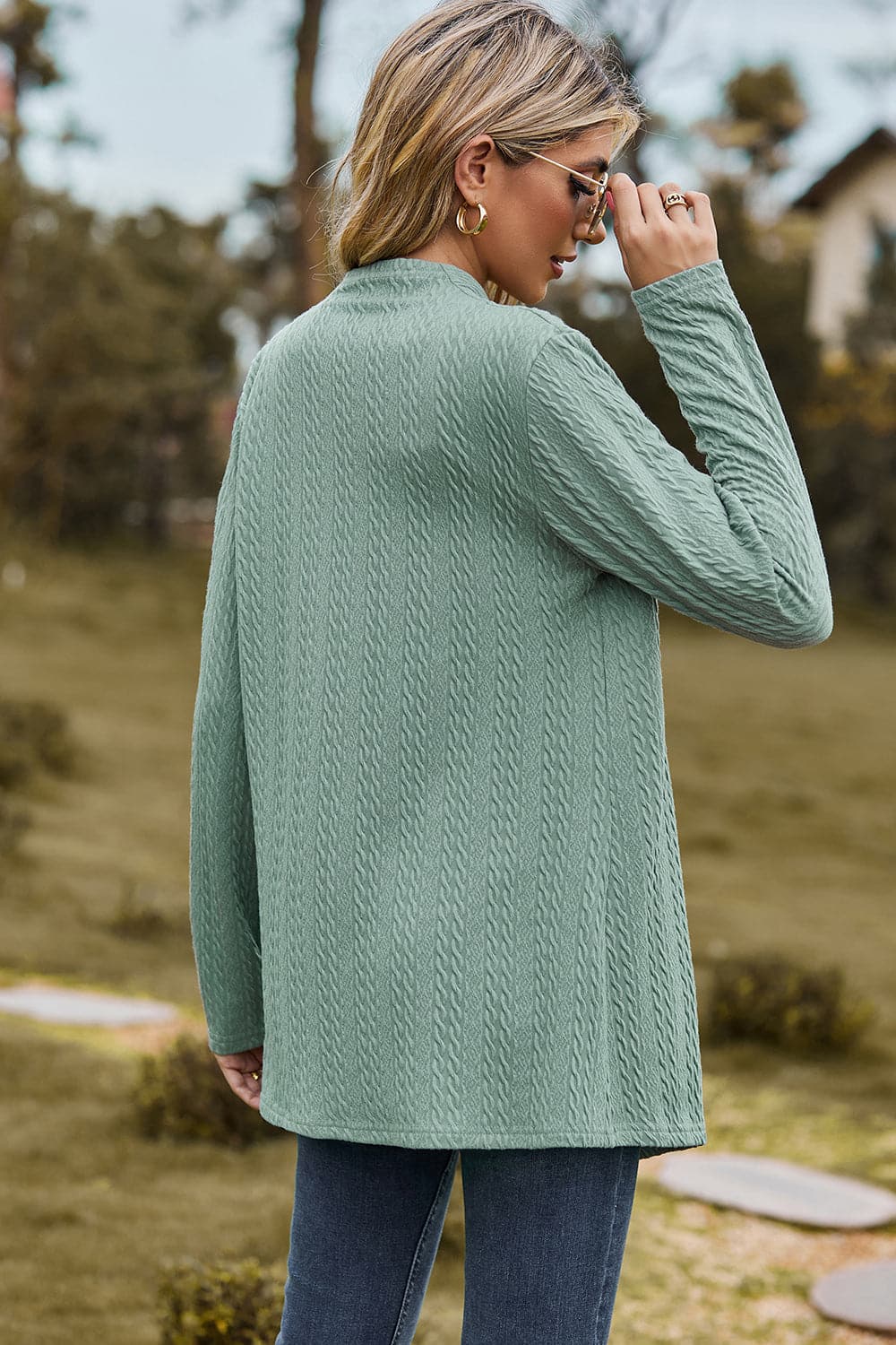 Textured Open Front Long Sleeve Cardigan.