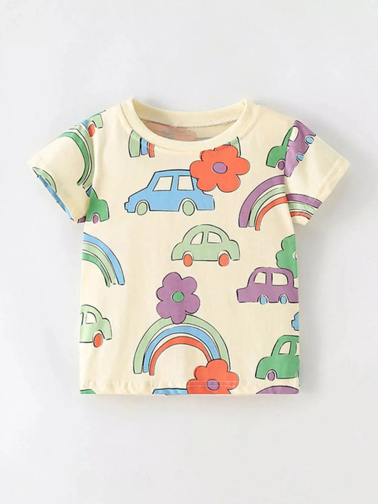 Children's Cartoon Car & Rainbow Print Short Sleeve T-Shirt Simply Love