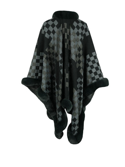 Checkered Faux Fur Trim Poncho.