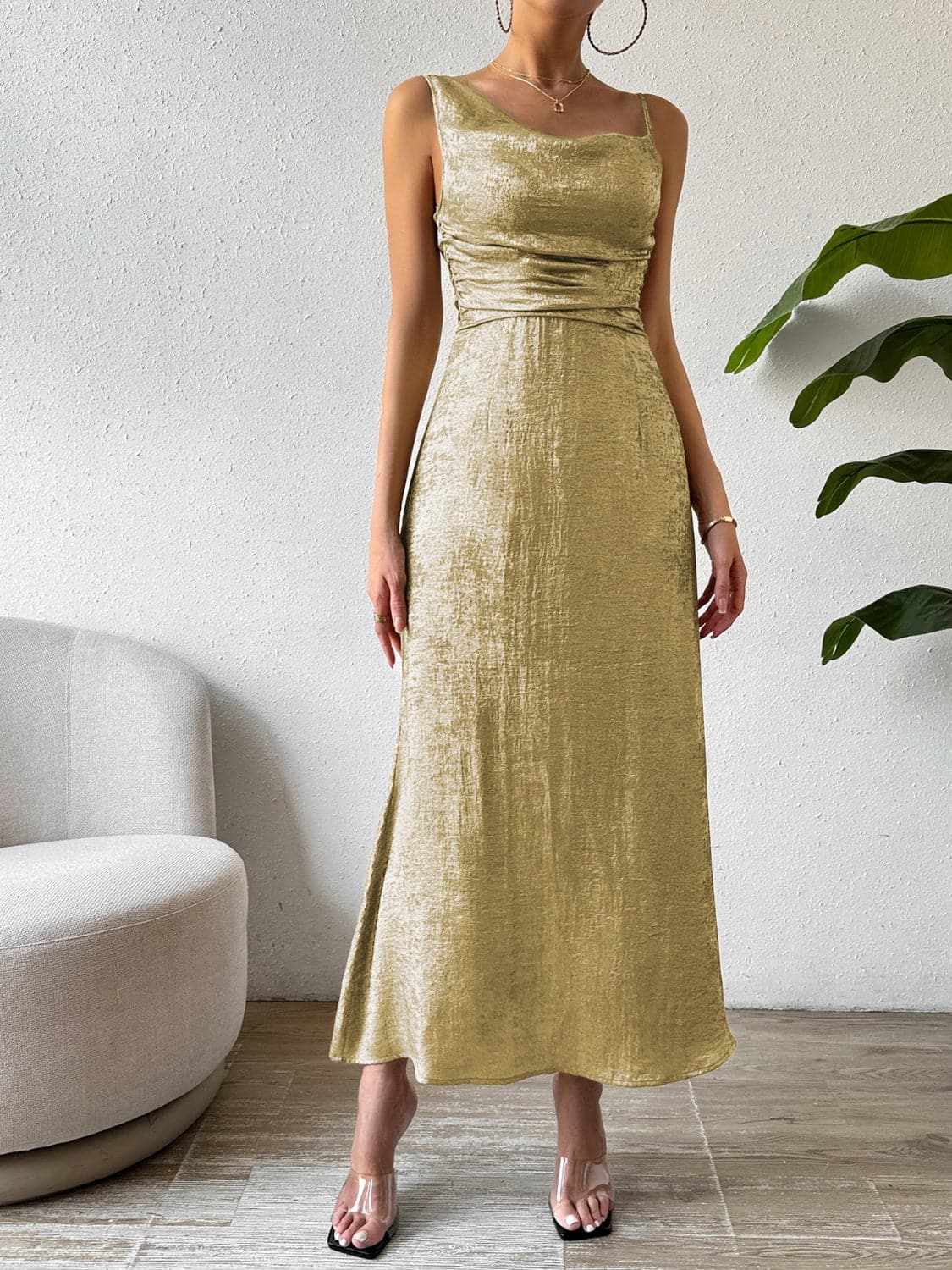 Asymmetric Neck Sleeveless Midi Dress.