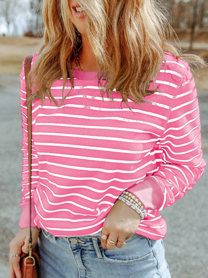 Striped Round Neck Long Sleeve Sweatshirt.