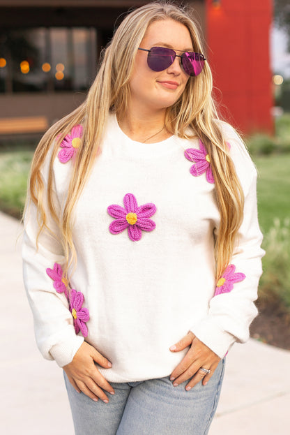 Elegant white plus size floral crochet knit sweater with drop shoulder design