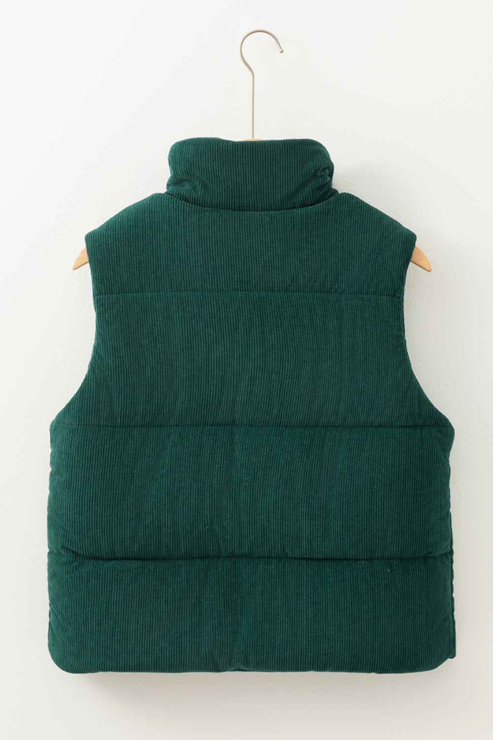 Jungle Green Corduroy Zipped Puffer Vest with Stand Neck Design