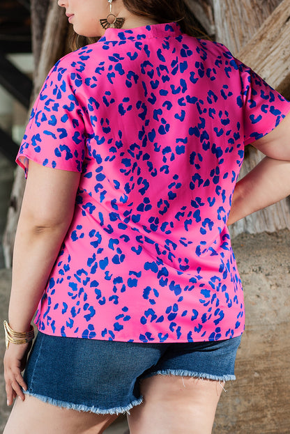 Chic rose and leopard print plus size V-neck blouse