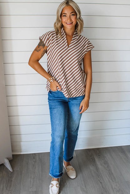 Chestnut Striped Stand V Neck Short Sleeve Blouse for Women