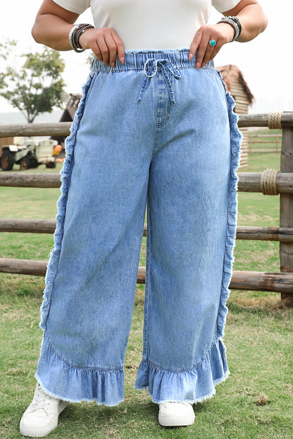 Plus Size Ruffled Ankle Jeans with Lace-Up Waist in Blue