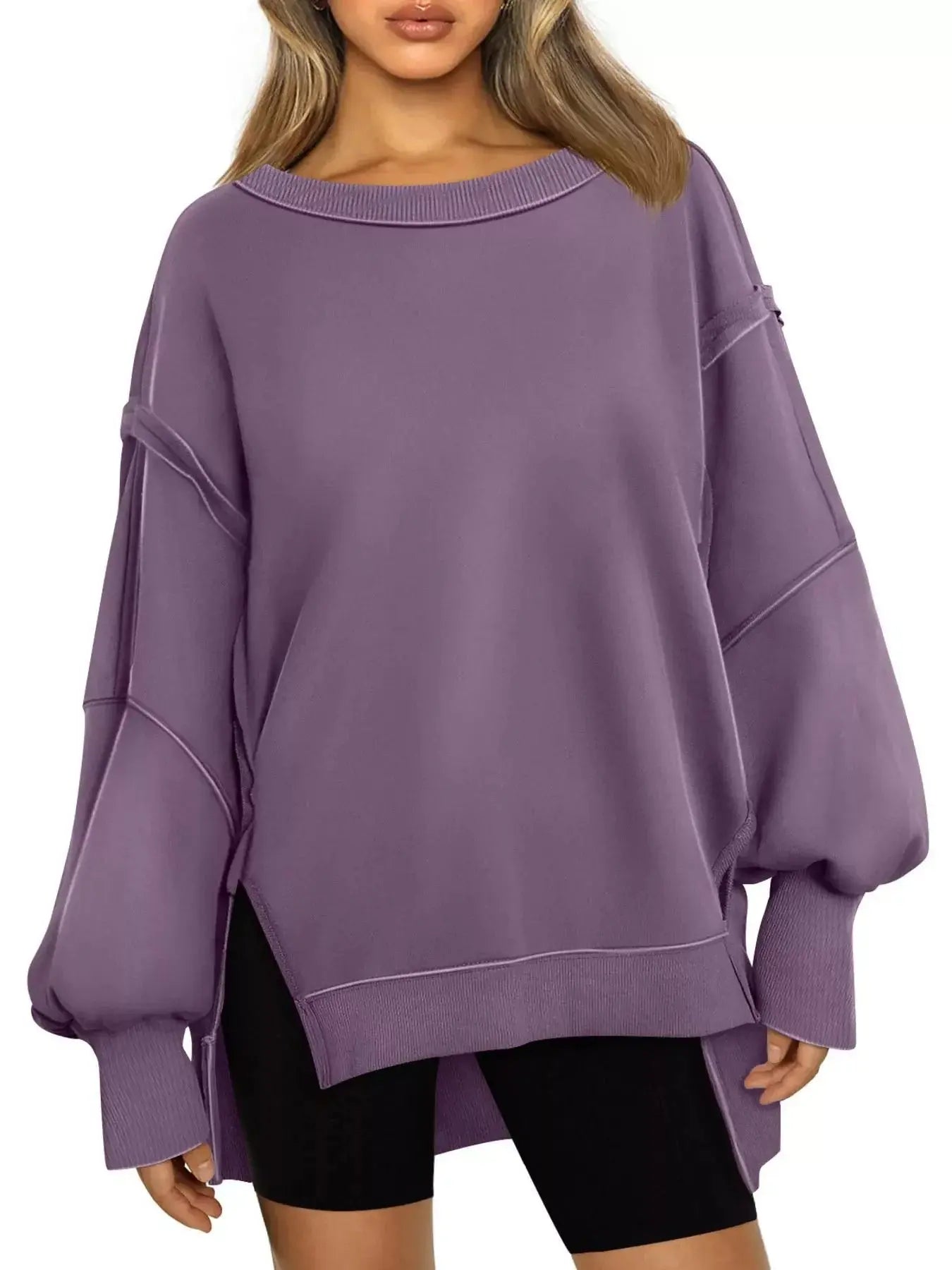 Side Slit Long Sleeve Oversized Sweatshirt Simply Love