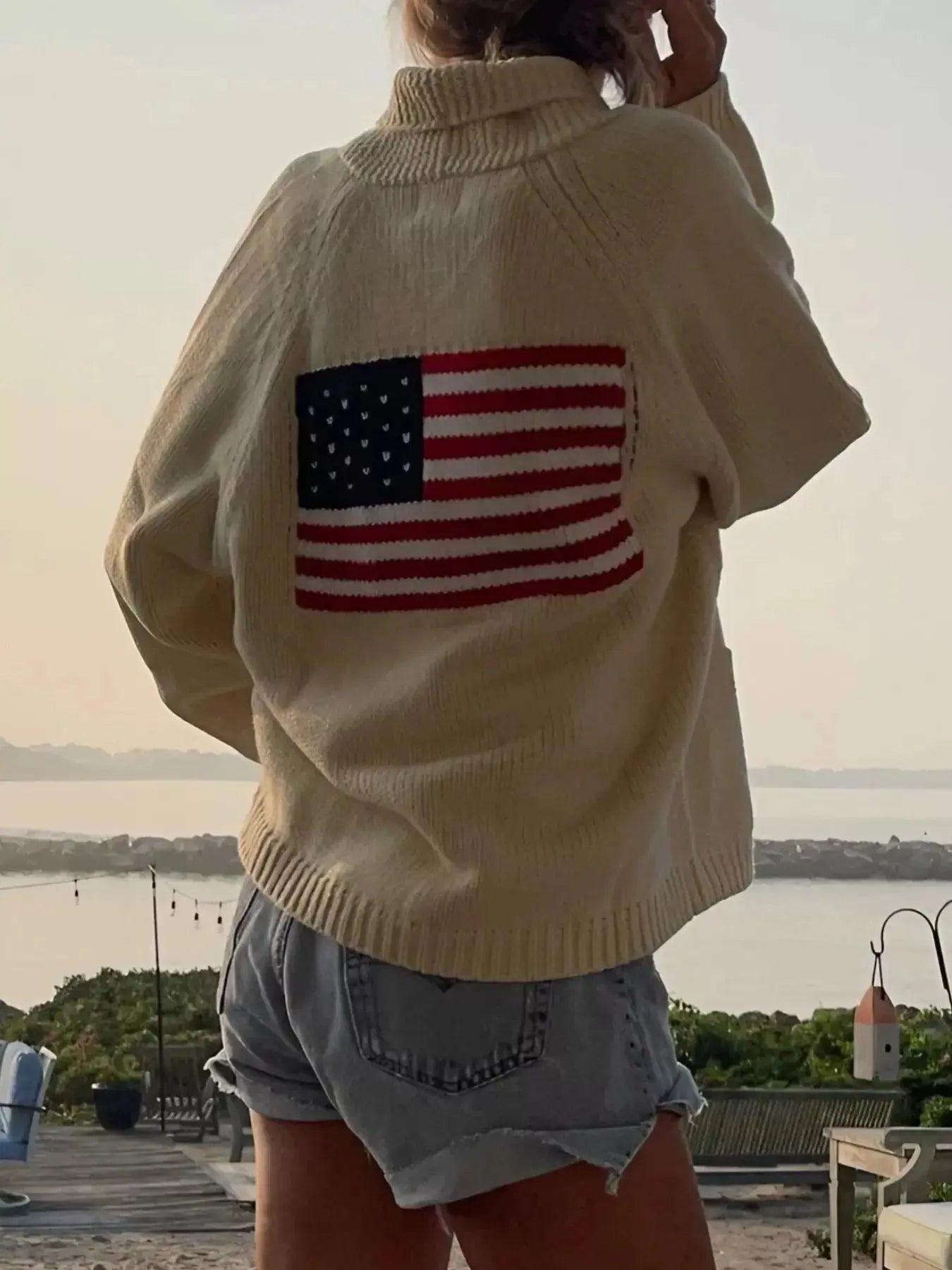 USA Flag Chunky Knit Button-Down Cardigan Simply Love