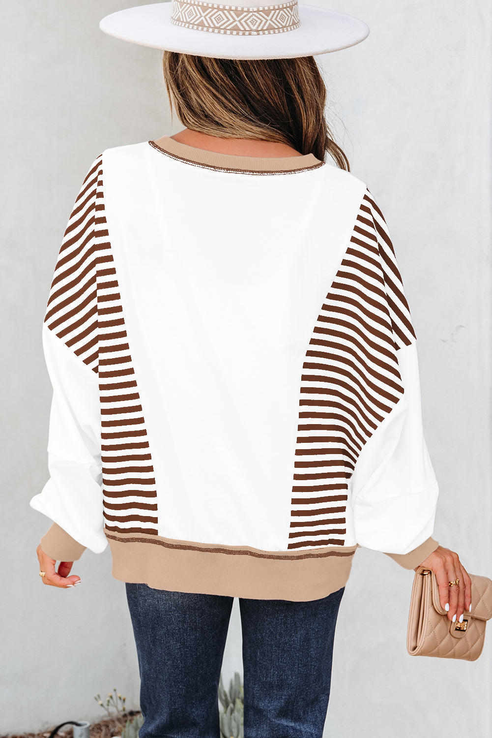 Brown Stripe Colorblock Patchwork Oversize Sweatshirt