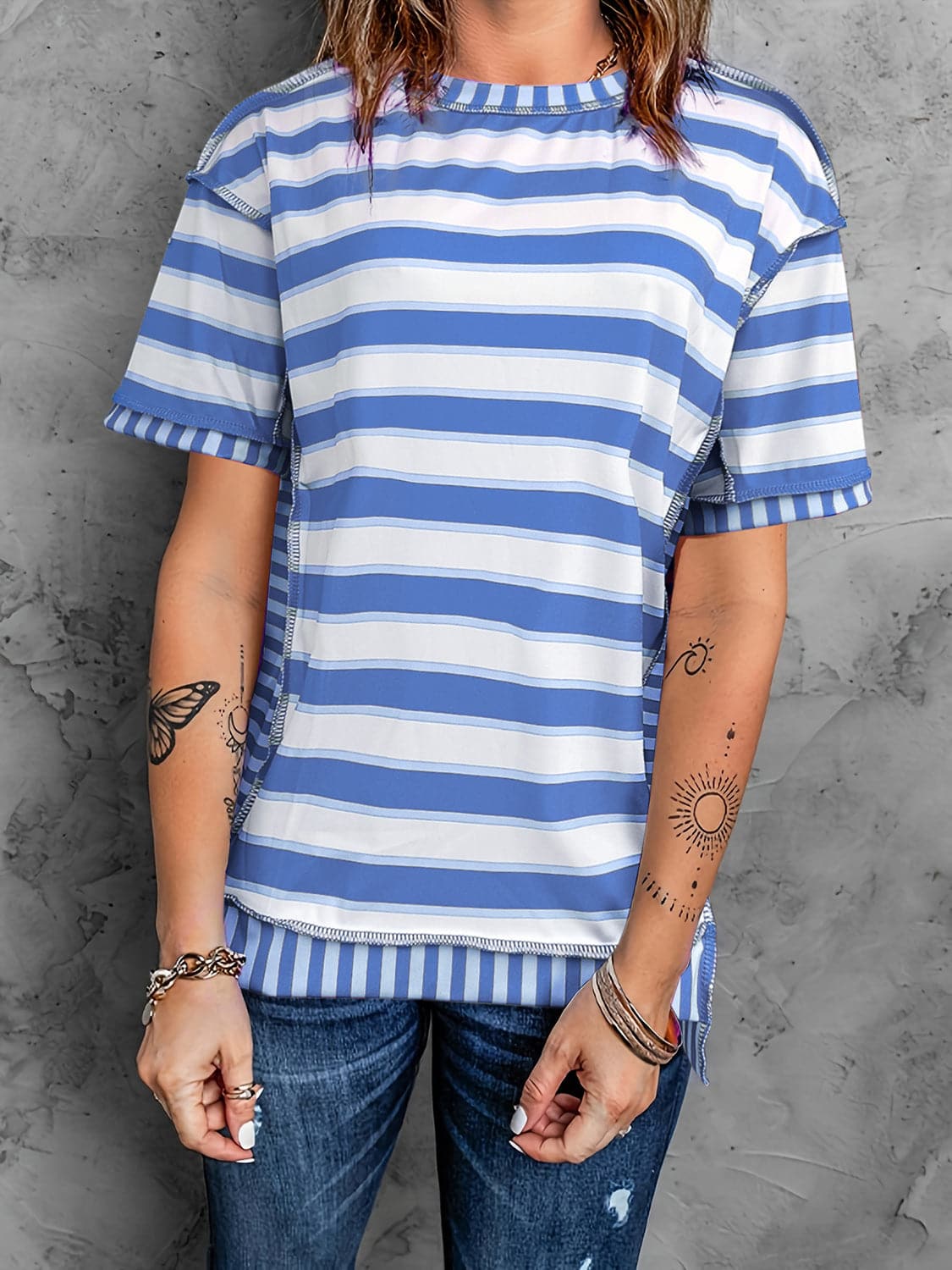 Full Size Contrast Stitching Striped Round Neck T-Shirt.