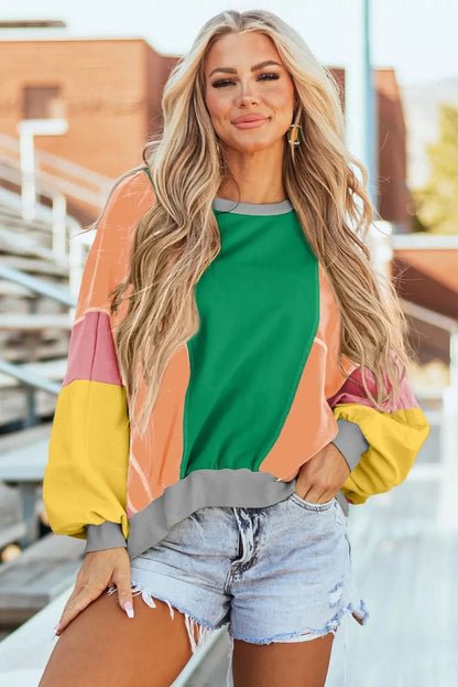 Chic color block long sleeve top with pockets