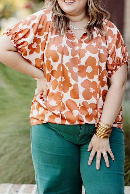 Floral Delight: Plus Size Orange V Neck Blouse with Drawstring Detail