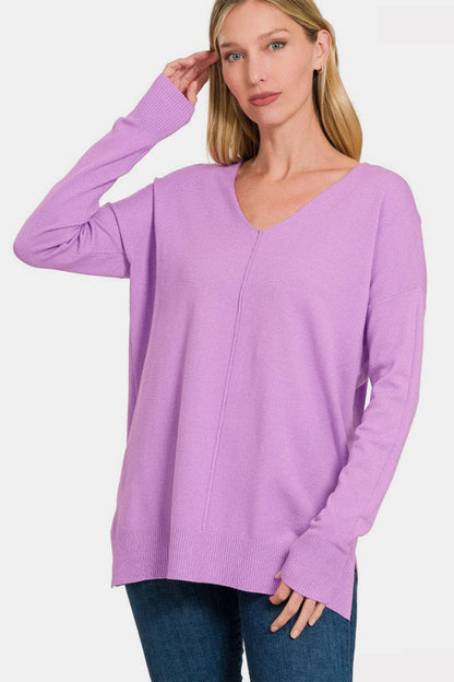 Zenana Slit V-Neck Dropped Shoulder SweaterElevate Your Wardrobe with the Zenana Slit V-Neck Dropped Shoulder Sweater
 Step into the season with confidence and style with the Zenana Slit V-Neck Dropped ShouldLove Salve -Neck Dropped Shoulder Sweaterusa