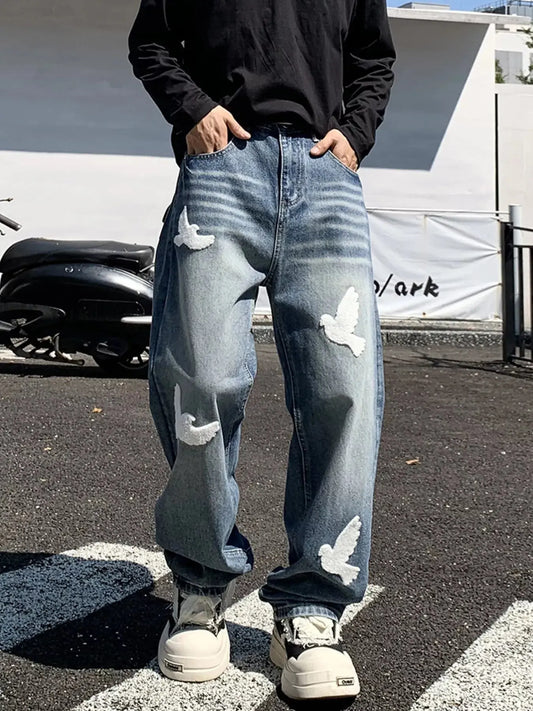 Men's Baggy Denim Jeans With Dove Applique Patches Plus Size Simply Love