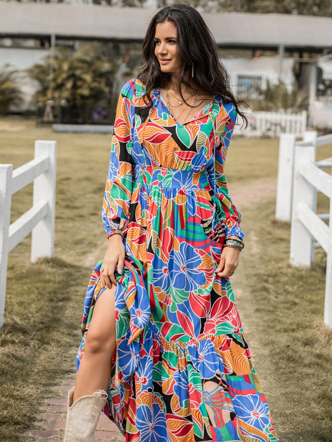 Printed Smocked Tie Neck Balloon Sleeve Maxi Dress.