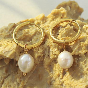 Gold-Plated Titanium Steel Pearl Earrings.