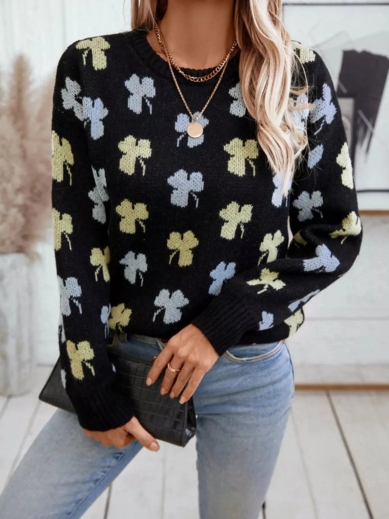 Clover Round Neck Long Sleeve Sweater Simply Love