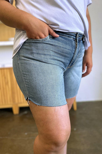 Judy Blue Full Size High Waist Raw Hem Denim Shorts.