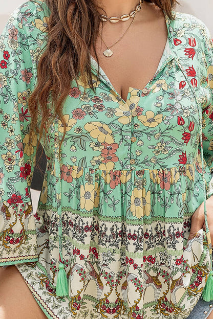 Plus Size Floral Tassel Tie Blouse.