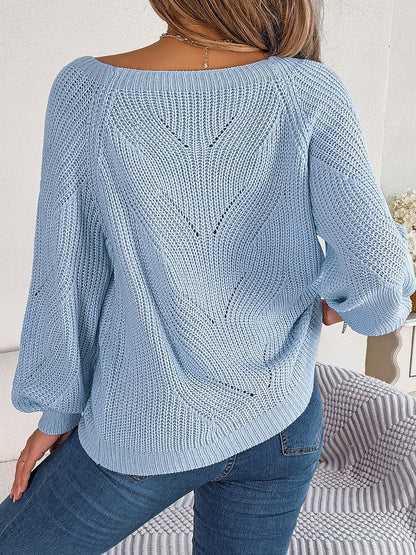 Openwork Buttoned Square Neck Sweater.