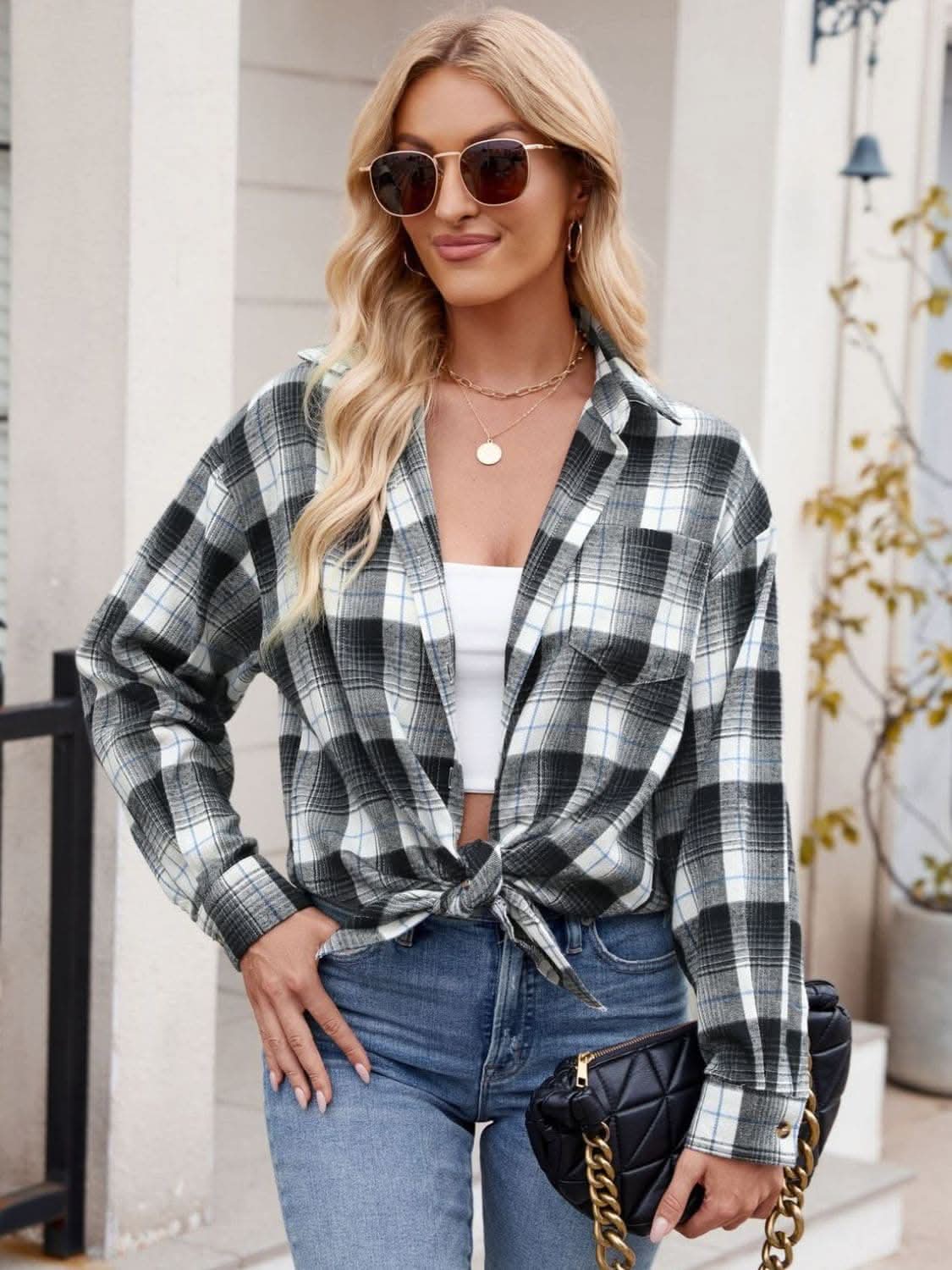 Plaid collared long sleeve shirt - Love Salve 