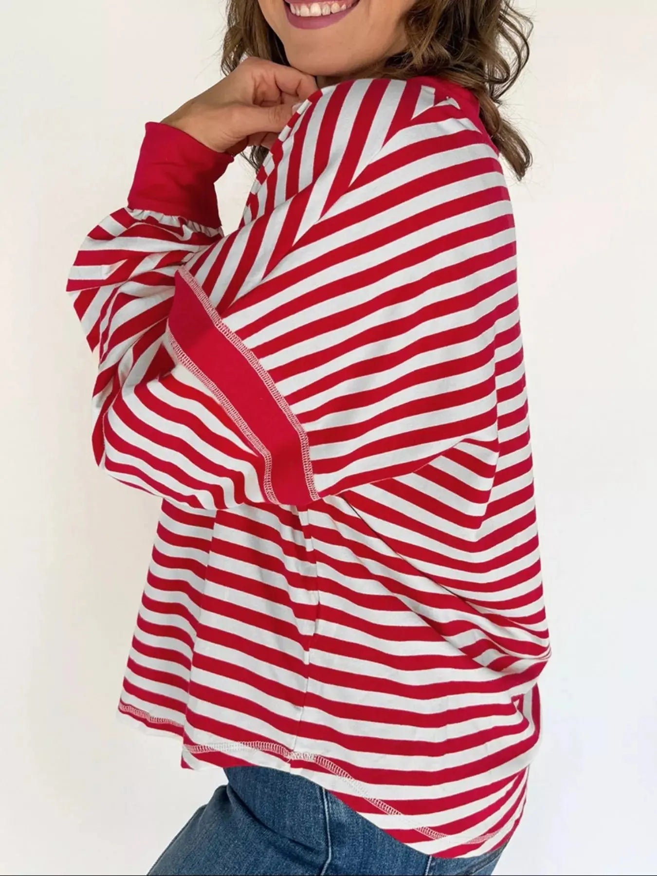 Striped V Neck Long Sleeve Sweatshirt Cotton Elastane Blend For Women Casual Top Simply Love