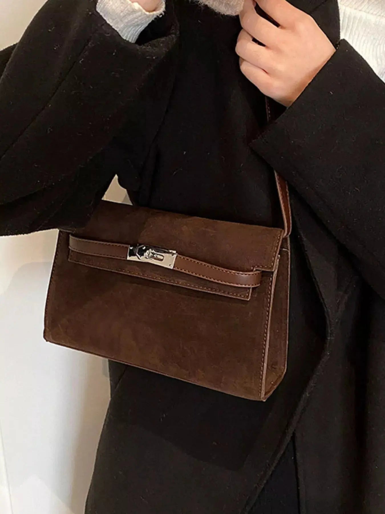 Solid Color Buckle Shoulder Bag Simply Love