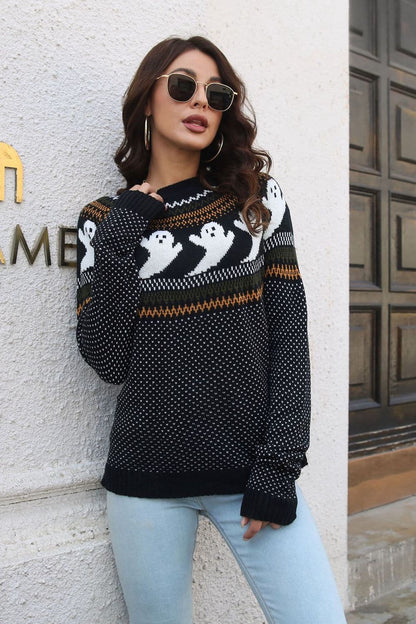 Halloween-themed ribbed pullover sweater with long sleeves