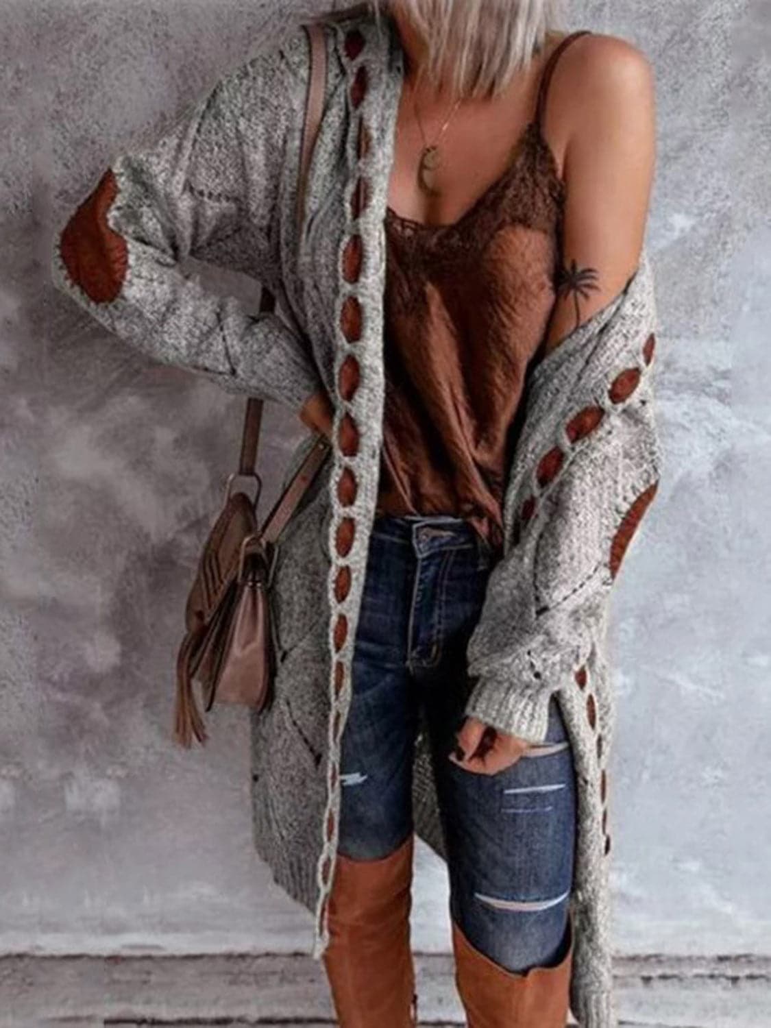 Openwork Long Sleeve Open Front Hooded Cardigan.