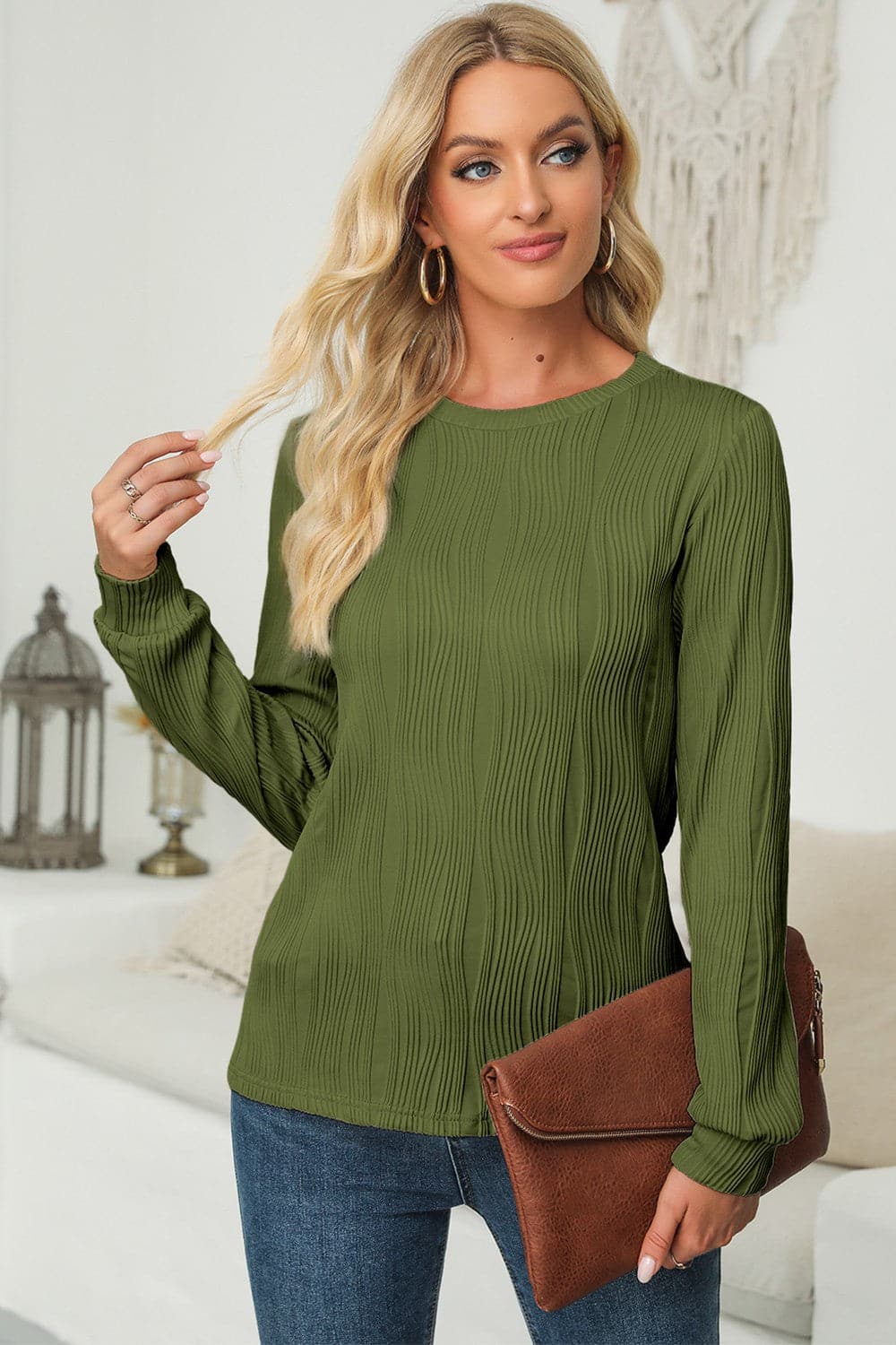 Textured Round Neck Long Sleeve Blouse.