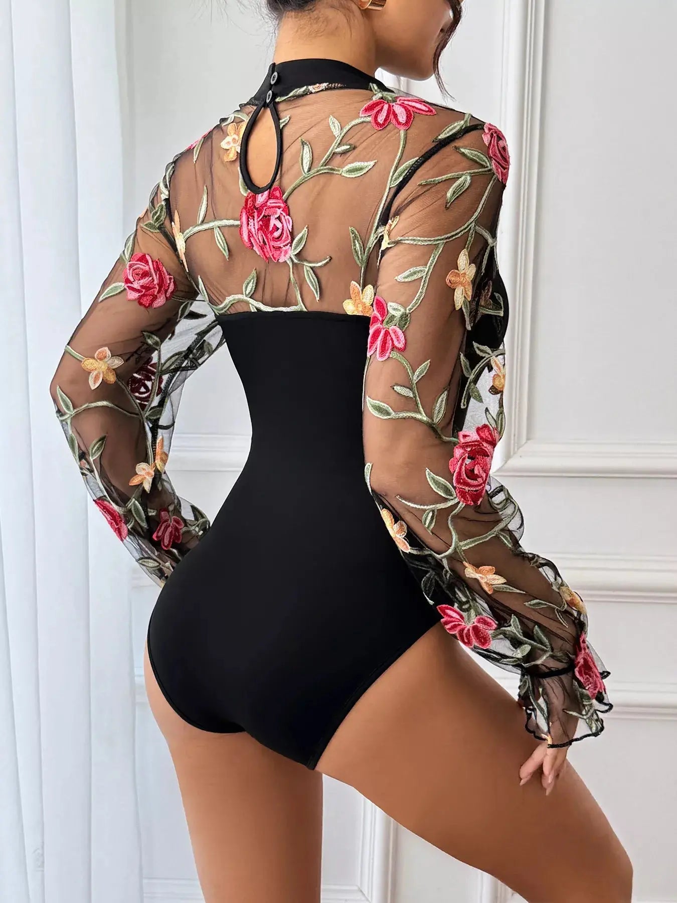 Floral Embroidered Mesh Long Sleeve Bodysuit Simply Love