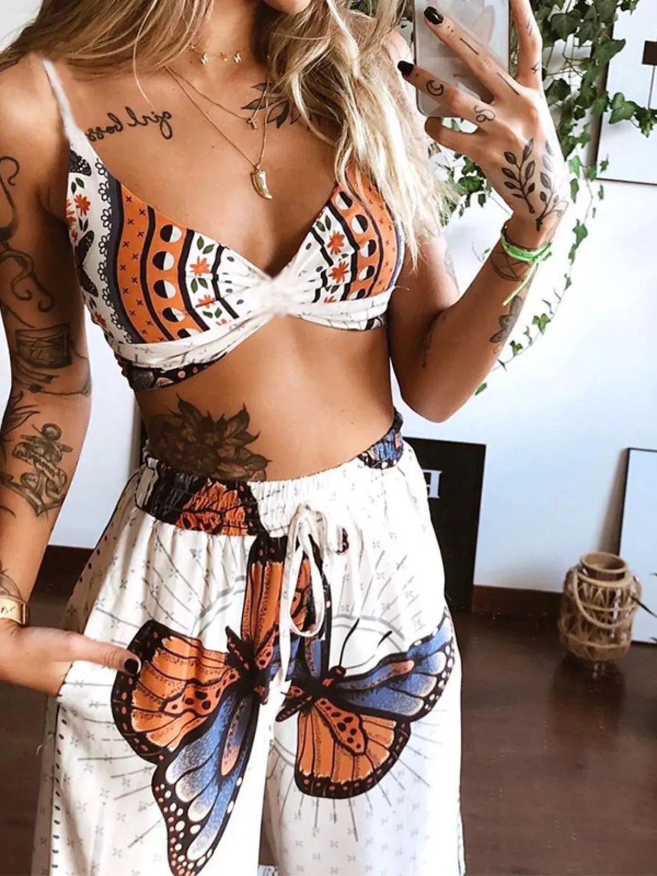 Boho Butterfly Print Top and Pants Set Simply Love