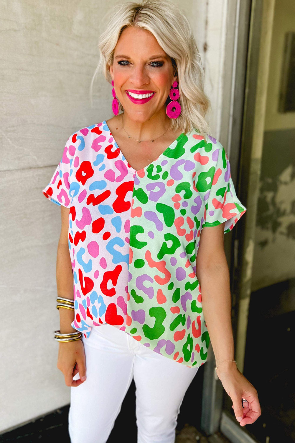 Green Leopard Print Patchwork V Neck Short Sleeve Blouse Divine Design4U