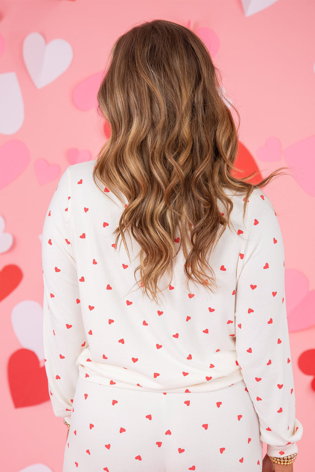 Fiery Red Tiny Hearts Printed Long Sleeve Top And Drawstring Lounge Pants Set Dear-Lover Dropshipping