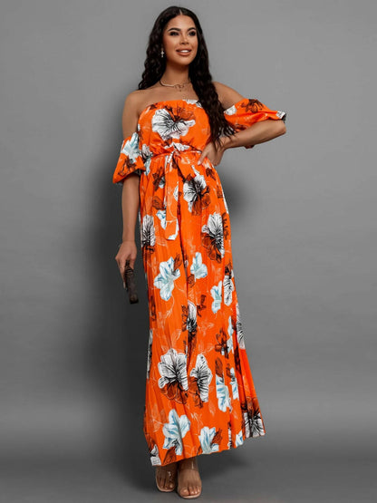 Pleated Floral Off-Shoulder Short Sleeve Midi DressPleated Floral Off-Shoulder Short Sleeve Midi Dress
 Step into elegance with our Pleated Floral Off-Shoulder Short Sleeve Midi Dress. Embrace sophistication effortleLove Salve -Shoulder Short Sleeve Midi Dressjust arrived