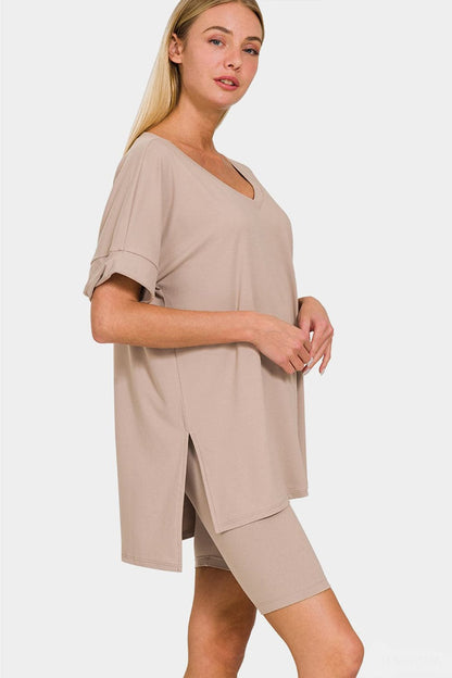 Zenana Full Size V-Neck Short Sleeve Slit T-Shirt and Shorts Set.