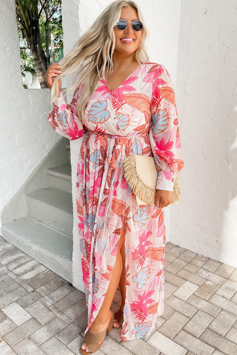 Tropical palm print plus size maxi dress with tie waist and slit