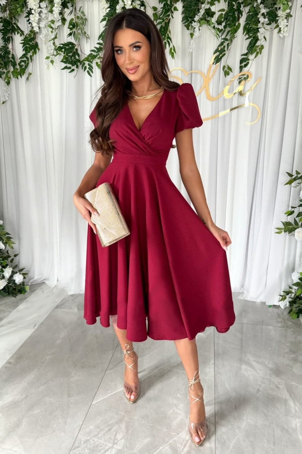 Surplice Puff Sleeve Midi Dress.