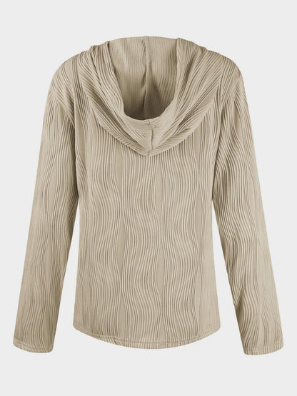 Chic textured long sleeve hoodie with buttoned sheer details