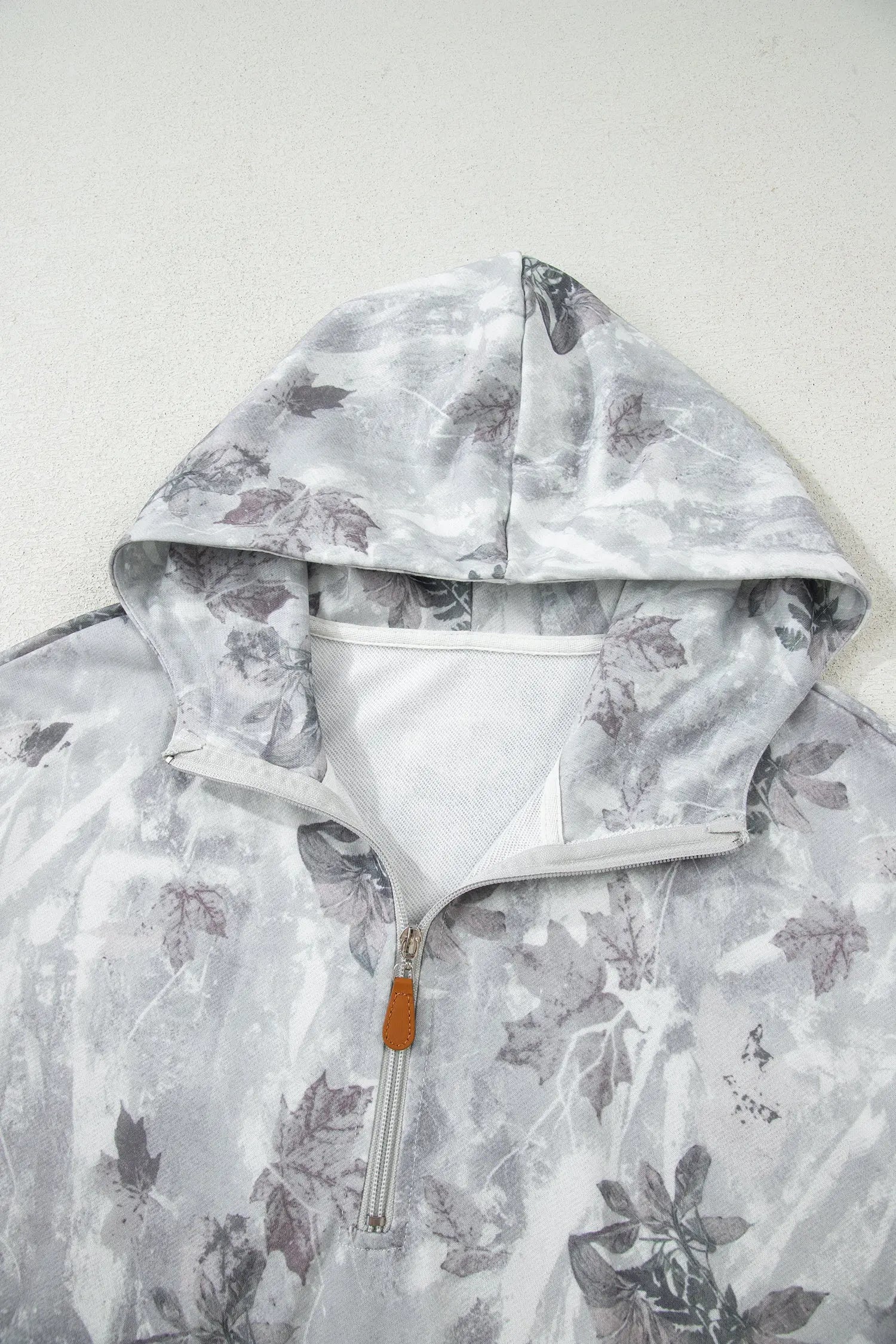 Gray Camo Leaf Print Kangaroo Pocket Quarter Zip Hoodie Dear-Lover Dropshipping