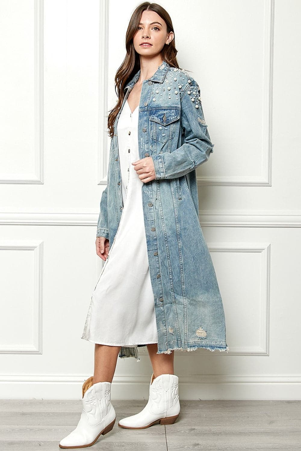 Veveret Full Size Distressed Raw Hem Pearl Detail Button Up Jacket.