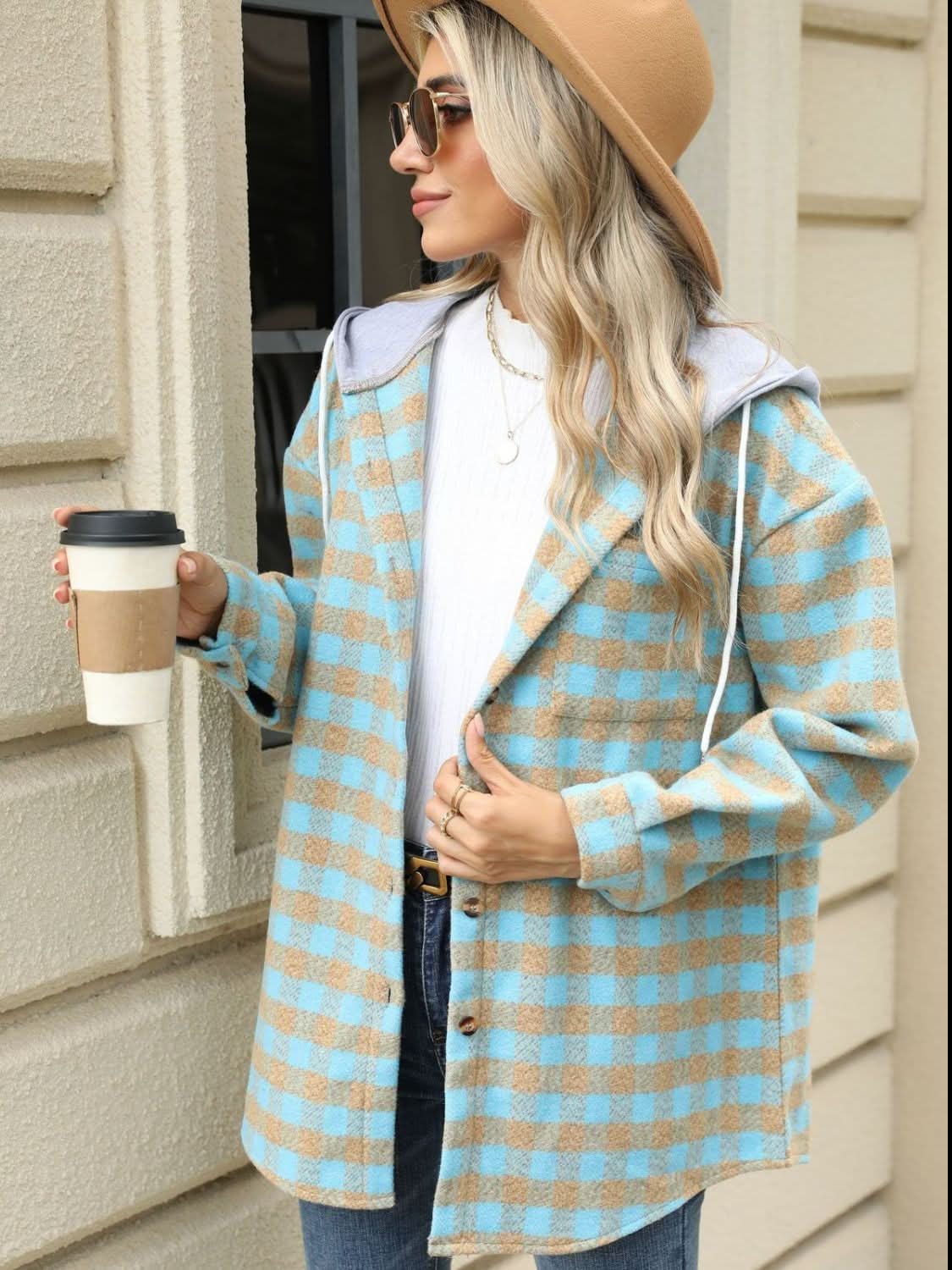 Plaid hooded jacket with pockets