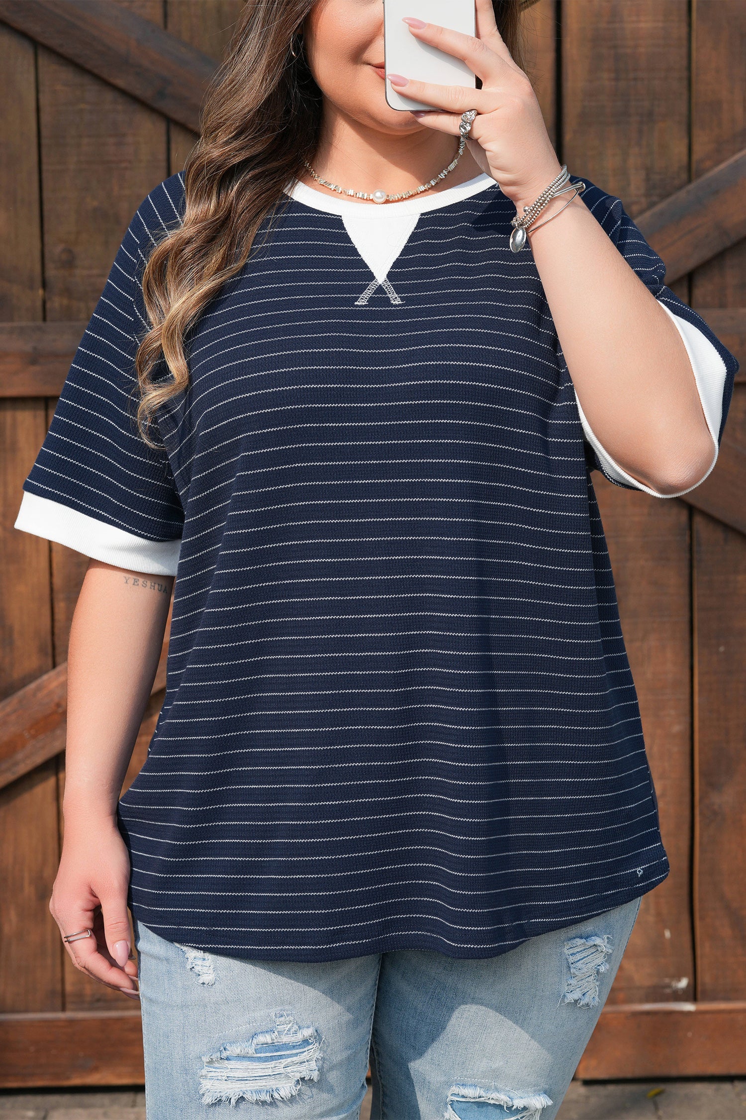 Blue Stripe Plus Size Ribbed T Shirt With Contrast Trim Dear-Lover Dropshipping