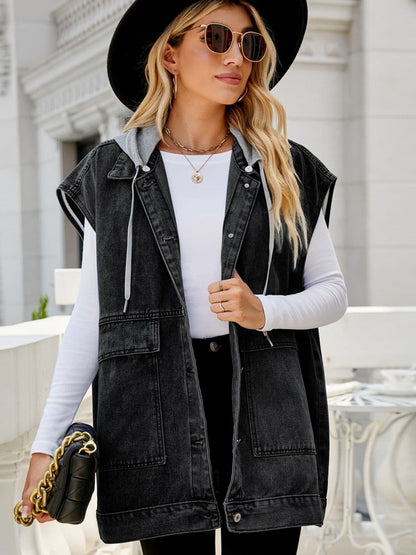 Hooded Sleeveless Denim Top with Pockets.